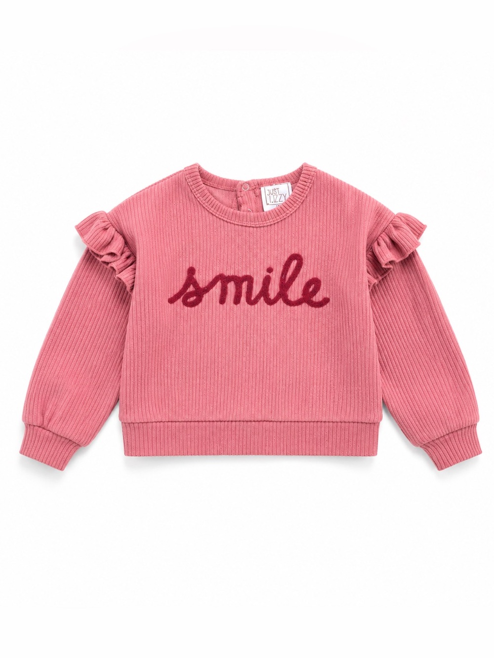Pink Embroidered "Smile" Ruffle Sleeve Crew Neck Sweater, Back Snap Closure 18mo